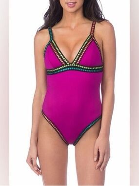 La Blanca Women's V-Neck Running Stitch One Piece Swimsuit Magenta Sz 8 Slimming